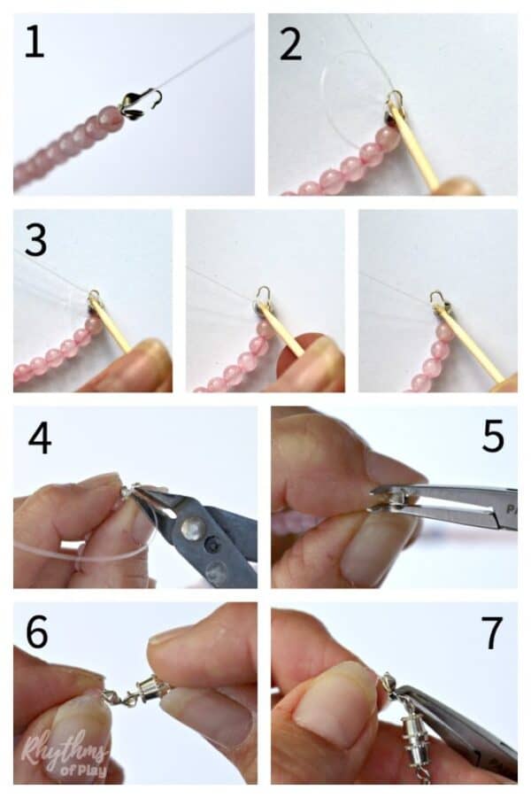 How to finish a beaded necklace or bracelet with clamshell knot covers step by step photo tutorial.
