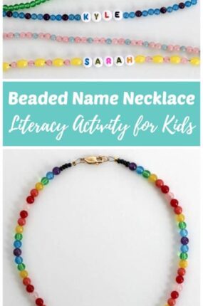 DIY beaded name necklace literacy activity for kids - Have your child learn to recognize and spell their name AND excercise fine motor muscles needed to write while making beautiful jewelry they can wear! Older children and teens that know how to read can make personalized jewelry. Makes a great handmade gift idea for friends and family.
