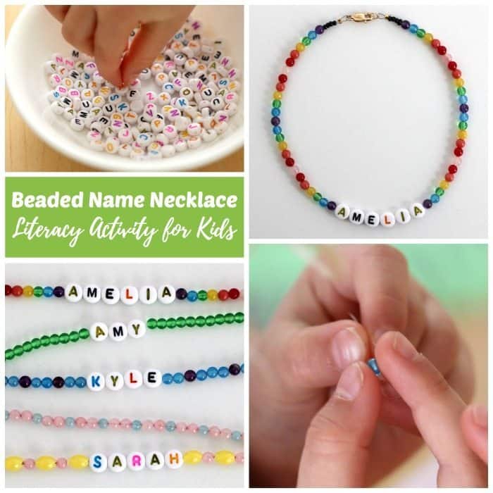 DIY beaded name necklace literacy activity for kids - Have your child learn to recognize and spell their name AND excercise fine motor muscles needed to write while making beautiful jewelry they can wear! Older children and teens that know how to read can make personalized jewelry. Makes a great handmade gift idea for friends and family.