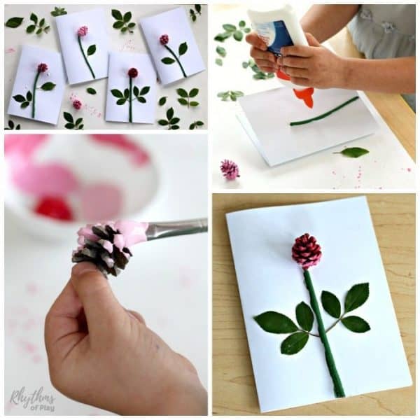 DIY pinecone rose 3-D Mother's day card kids make. Moms, grandmas, and nanas love receiving homemade cards from the children they love on Mother's Day! An easy handmade craft project perfect for little hands. 