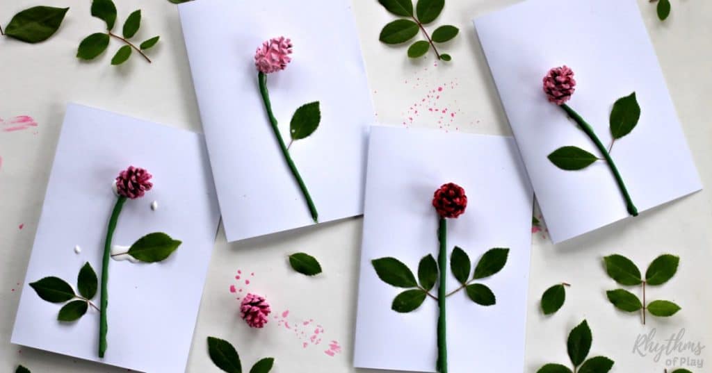 DIY pinecone rose 3-D Mother's day card kids can make. Moms, grandmas, and nanas love receiving homemade cards from the children they love on Mother's Day! An easy handmade craft project perfect for little hands. 