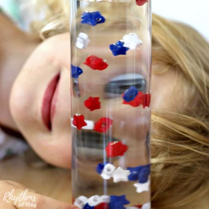DIY 4th of July Patriotic Red White and Blue stars sensory bottle calm down jar