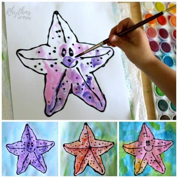 watercolor starfish art project for kids with free printable starfish art template