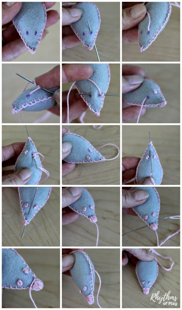 How to sew the eyes and mouth on a felt mouse toy step by step photo tutorial