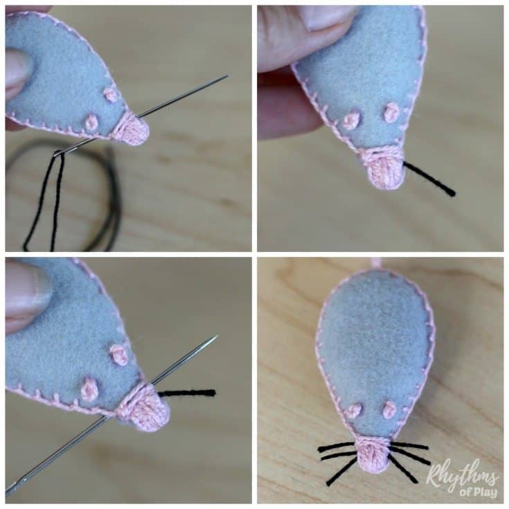 How to sew the whiskers on a felt mouse softie plush toy photo tutorial