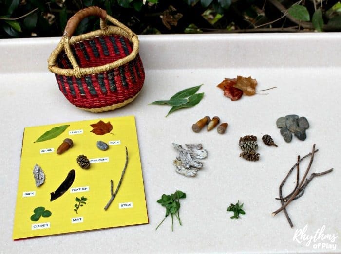 nature scavenger hunt card with basket and natural materials collected
