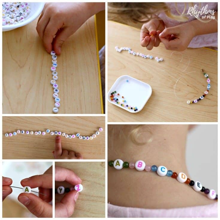 Alphabet bead necklace craft for kids. A literacy and fine motor activity for children. Makes a unique handmade DIY gift idea kids can make! #craft #necklace #literacy