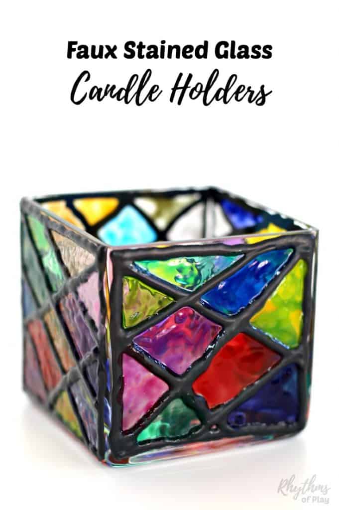 Faux stained glass candle holders are a handpainted craft for kids and adults. Creating stained glass effects with glass paint is a simple hack that looks amazing. These gorgeous square votives make a unique homemade gift idea that even kids can make. 