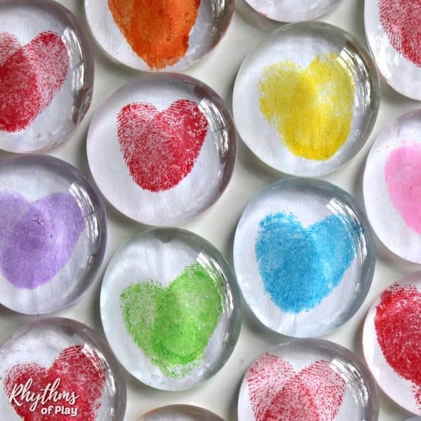 Rainbow Thumbprint hearts make lovely magnet crafts (original art fingerprint crafts and photos by Nell Regan K. and C. Kartychok co-founders of Rhythms of Play)