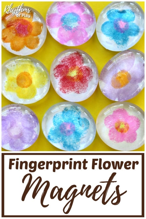 fingerprint art flower magnet craft and homemade keepsake gift kids can make. (fingerprint flower crafts and photo by Nell Regan K. and C Kartychok.)