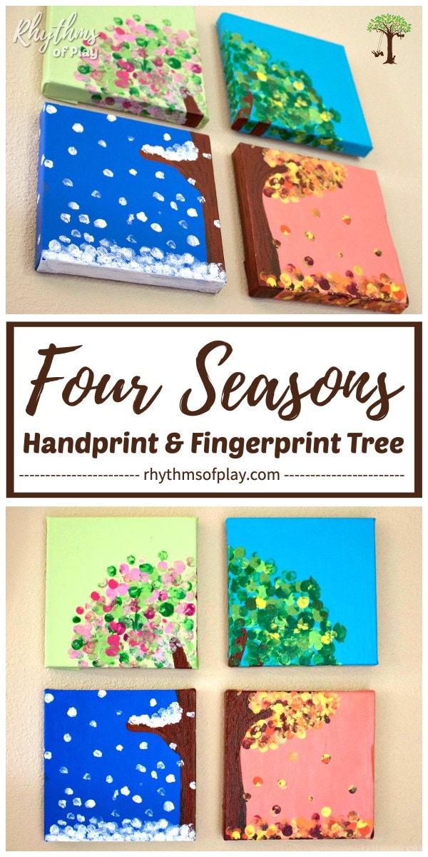 four seasons handprint tree art with fingerprint art leaves and snow
