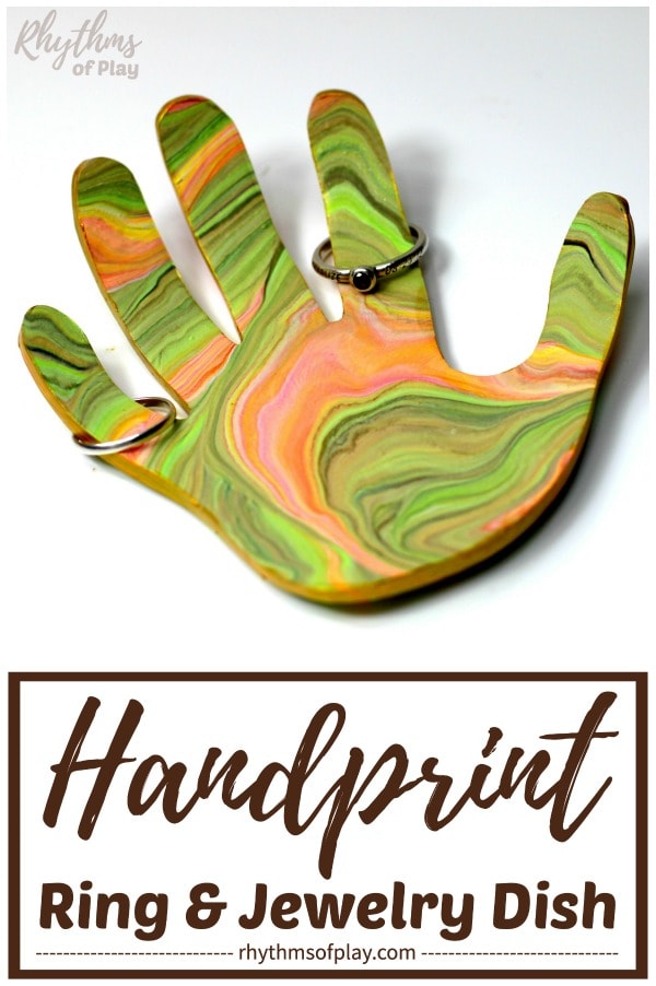 handprint ring dish diy - jewelry dish made with marbled polymer clay