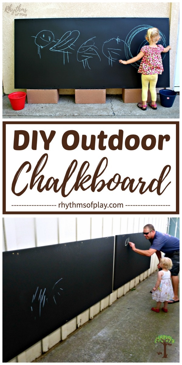 large exterior chalkboard for backyards and patios (Photos of Charlize and Nick Kartychok drawing on chalkboard by Nell Regan K. founder of Rhythms of Play)