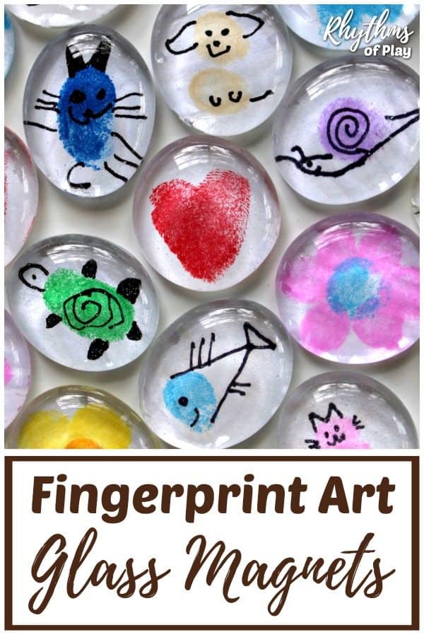 Fingerprint art glass magnet crafts for kids and adults (original art fingerprint crafts and photos by Nell Regan K. and C. Kartychok co-founders of Rhythms of Play)