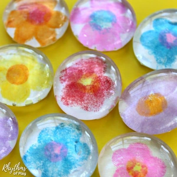Fingerprint art flower magnet craft with glass gems and