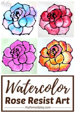 watercolor rose art with black glue as the resist medium