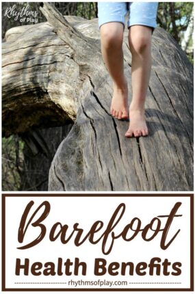 child walking barefoot outside on a fallen log - advantages of going barefoot