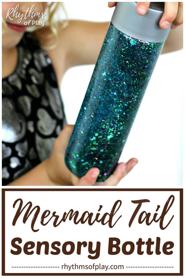glitter sensory bottle for kids that looks like a mermaid tail
