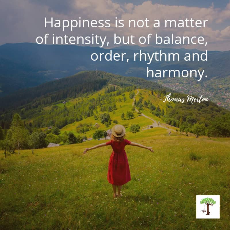 Woman outside with arms outstretched with poem about rhythm, "Happiness is not a matter of intensity, but of balance, order, rhythm and harmony."