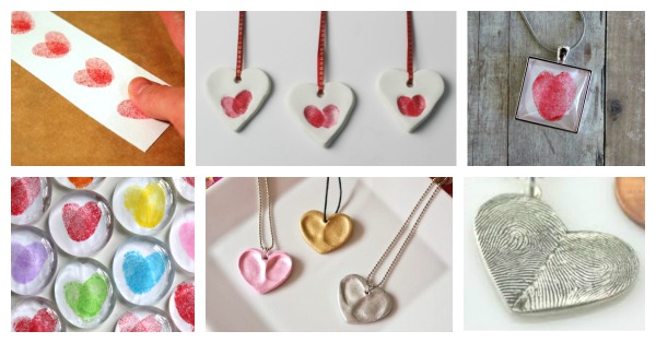 Photos of fingerprint and thumbprint art crafts and gifts that kids can make for Valentine's Day. 