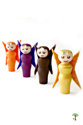 autumn-themed fall fairy crafts made with wooden peg dolls, felt, and acrylic paint
