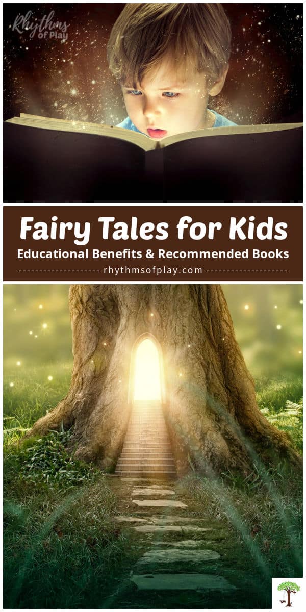 Boy excitedly reading a book of fairy tales with a path leading to a magical fairy door in a tree trunk.