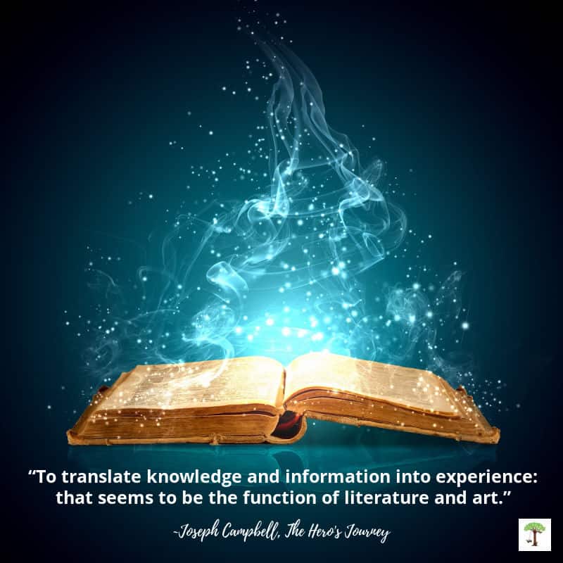 Open pages of a fairy tale book with quote, “To translate knowledge and information into experience: that seems to be the function of literature and art.” Joseph Campbell, The Hero’s Journey