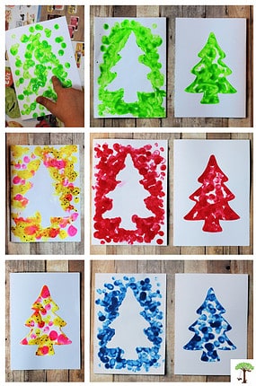 Fingerprint Christmas tree crafts for Christmas cards and gift tags.