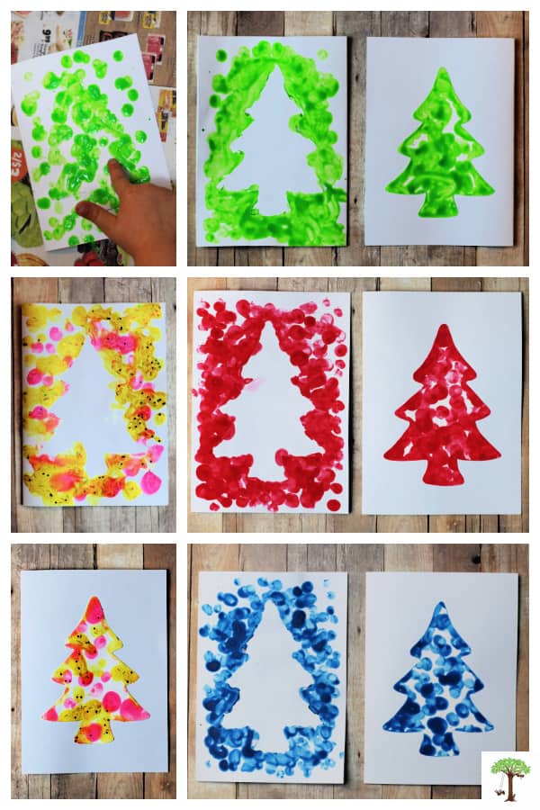Fingerprint Christmas tree crafts for Christmas cards and gift tags.