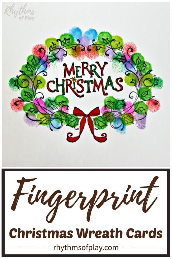 Christmas wreath made with fingerprints on a DIY Christmas card