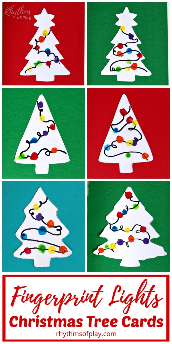 Fingerprint lights craft - Christmas tree cards