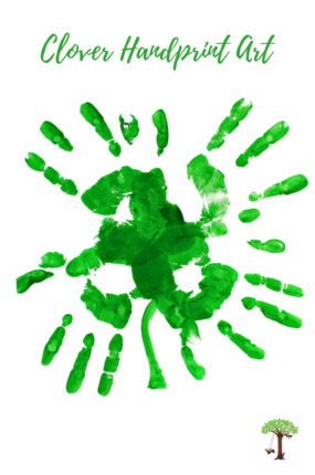 Handprint craft for St. Patrick's Day made in the shape of a four-leaf clover