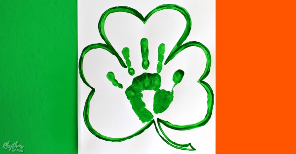 shamrock handprint on an art Irish flag (Ireland)