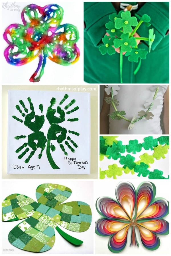 St. Patrick's Day arts and crafts for kids or adults with shamrock and four-leaf clover craft ideas.