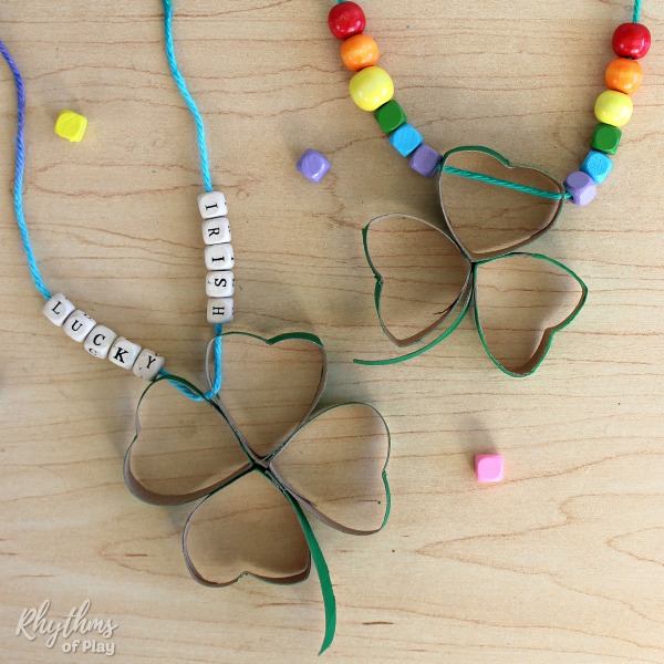 shamrock and lucky clover necklace made with a recycled cardboard tube