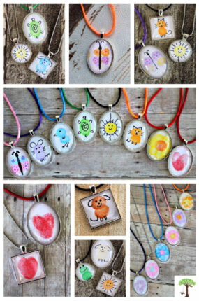 DIY art necklaces made with thumbprint and fingerprint art pendants and charms for kids and adults
