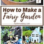 completed diy fairy garden with images of each scene