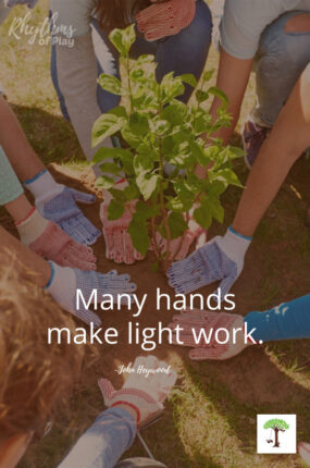 kids and adults planting a tree with quote, "Many hands make light work."