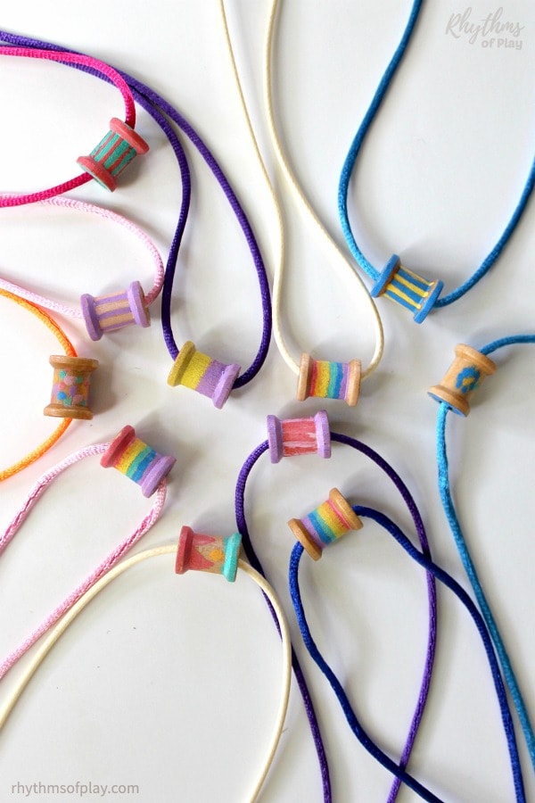 wooden spool necklaces and bracelets with painted wooden spools