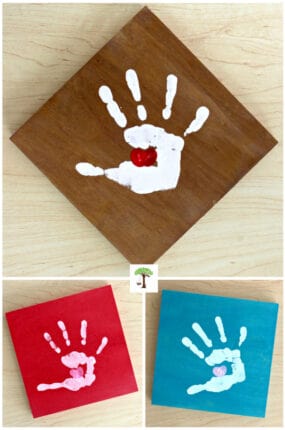 how to make a handprint (with an optional thumbprint heart) on a wooden canvas or paper