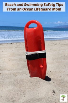 Lifeguard can rescue tube in the sand on the beach shore with the ocean and blue sky in the background
