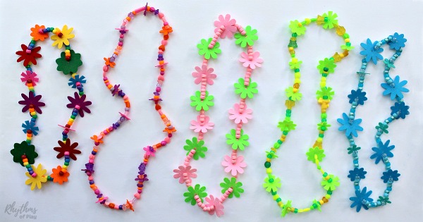 flower lei diy - lei flower necklaces made with felt flowers and pony beads