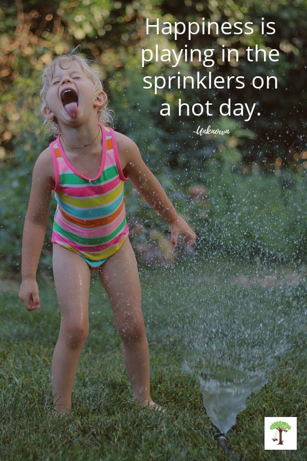 Kid playing in a sprinkler in the summer with quote, "Happiness is playing in the sprinklers on a hot day." (Photo of Charlize Kartychok)