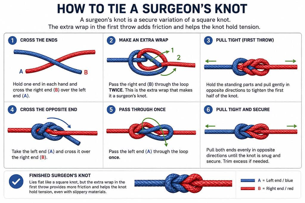 Graphic showing how to tie a surgeon's knot for making bracelets and necklaces.