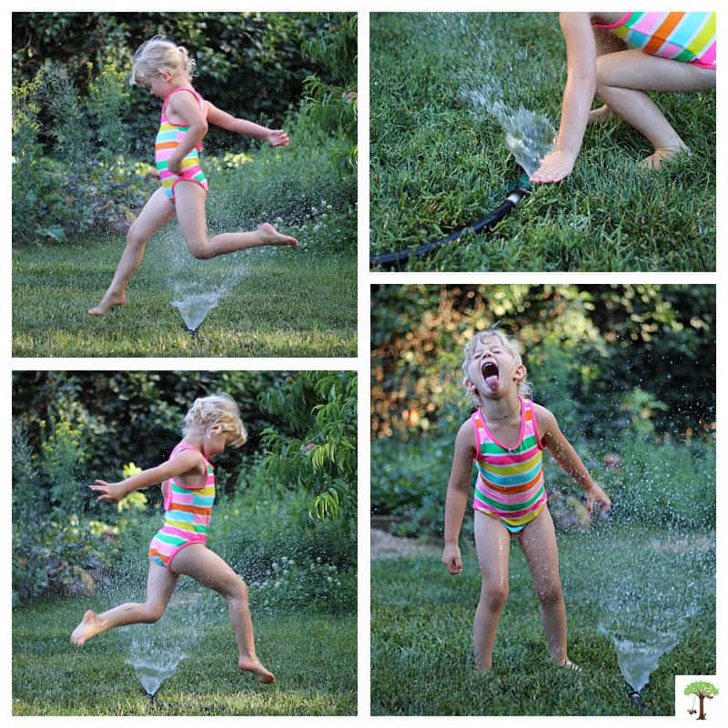 Pictures of a girl playing in water of sprinklers and conserving water.