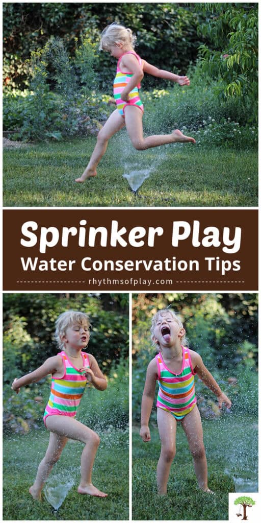 Children playing in the sprinklers following water conservation guidelines by watering the lawn.