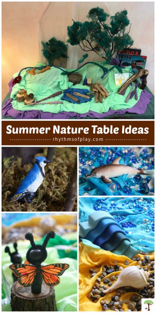 Ideas for a nature table with a summer-theme for land, sky, and sea.