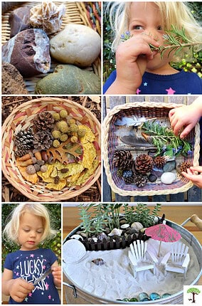 DIY Nature sensory bin ideas for kids for educational purposes and sensory development.