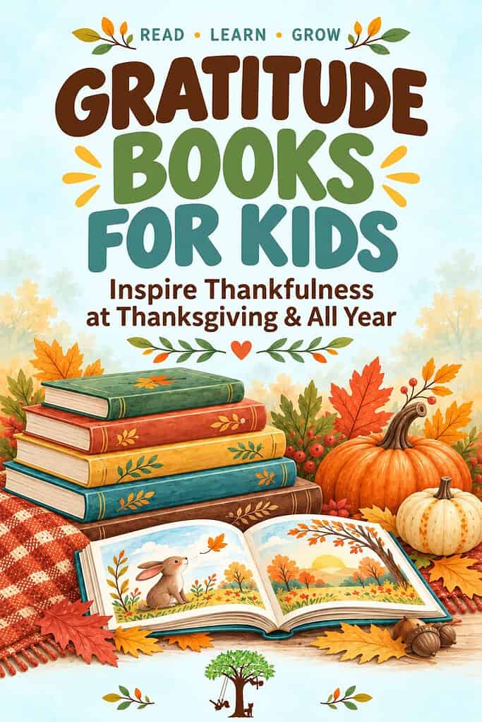 Illustrated pin titled “Gratitude Books for Kids: Inspire Thankfulness at Thanksgiving & All Year,” featuring colorful books, an open book with a rabbit illustration, pumpkins, autumn leaves, and the Rhythms of Play tree logo on a pale blue background.