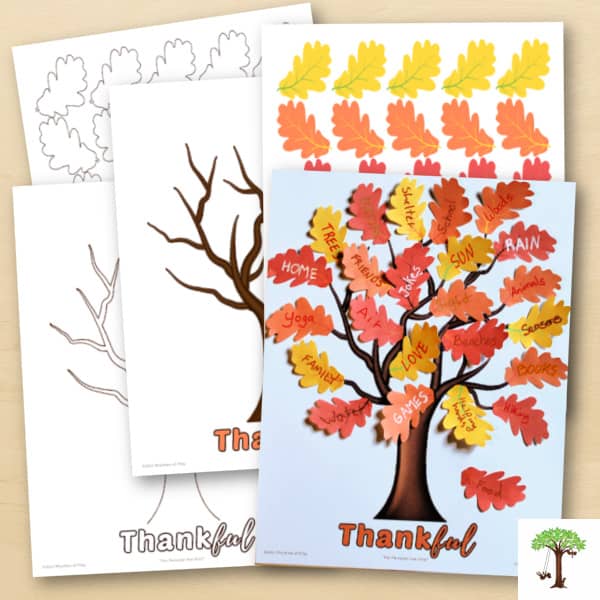 Thankful tree printable with colorful gratitude leaves to write what you are thankful for.